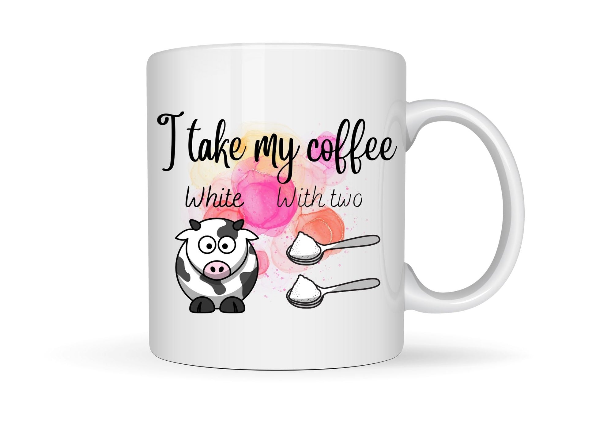 White coffee mug printed with how I take my coffee.  White; with two sugars.  Designer coffee mug with cow image design.  Dairy cow picture, black and white cow image.  